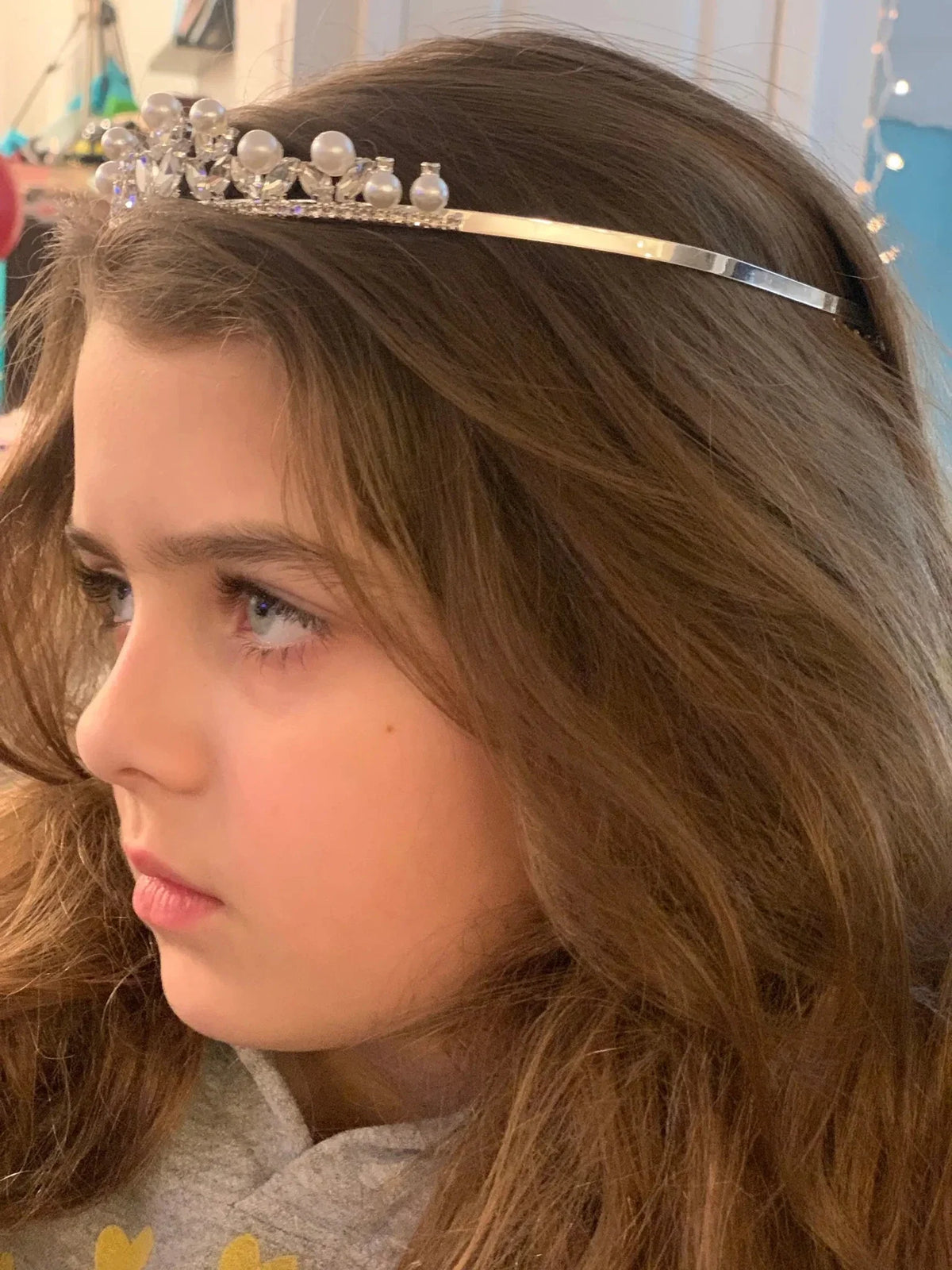 Silver pearl rhinestone flower girl and mini quince tiara.