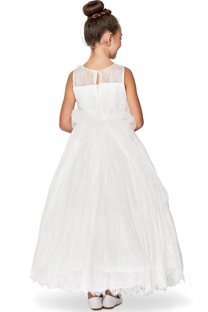 A Ivory flower girl dress showing back satin bow with zipper and sheer yoke.