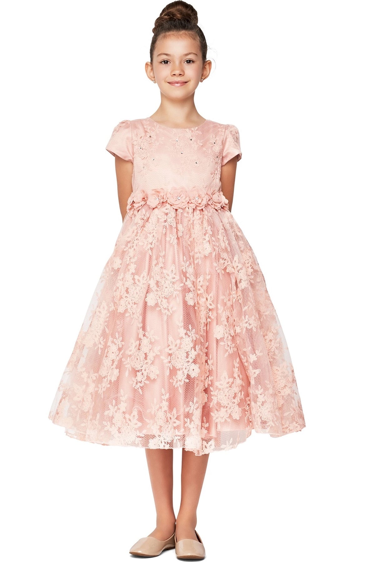 Dusty Pink flower girl dress features cap sleeves and floral lace skirt.