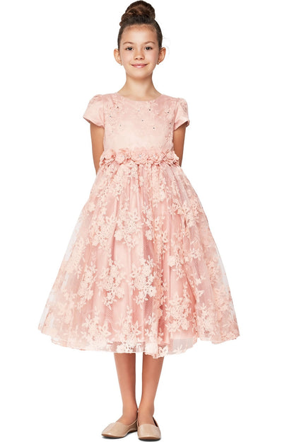 Dusty Pink flower girl dress features cap sleeves and floral lace skirt.