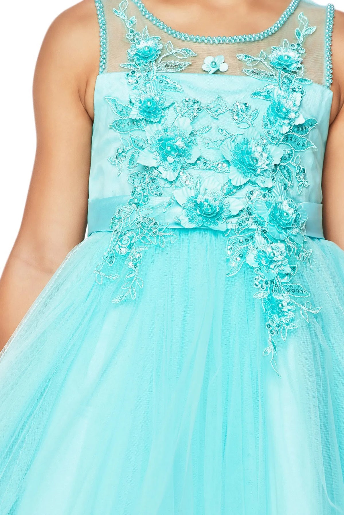 Visible on this Aqua flower girl dress: raised flowers across the sheer bodice.