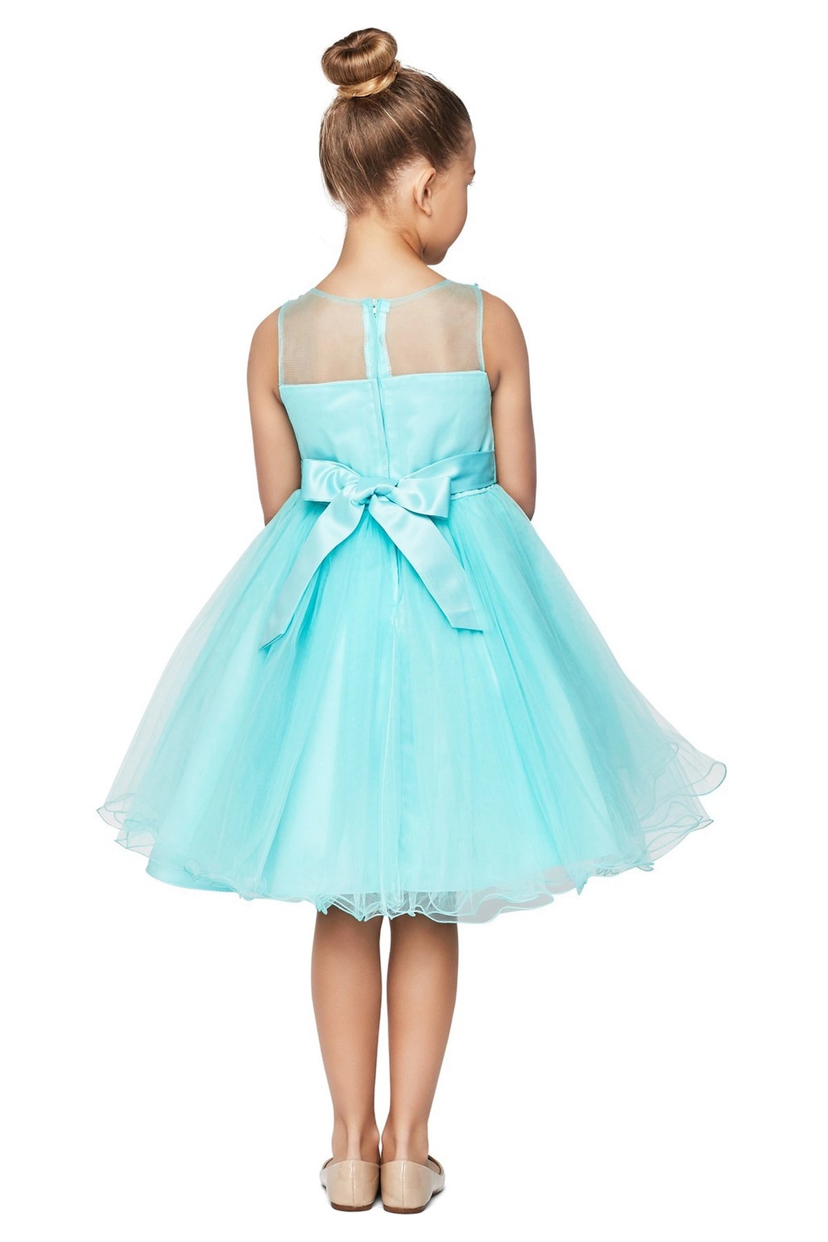 A Aqua flower girl dress showing back satin bow and sheer shoulder yoke.