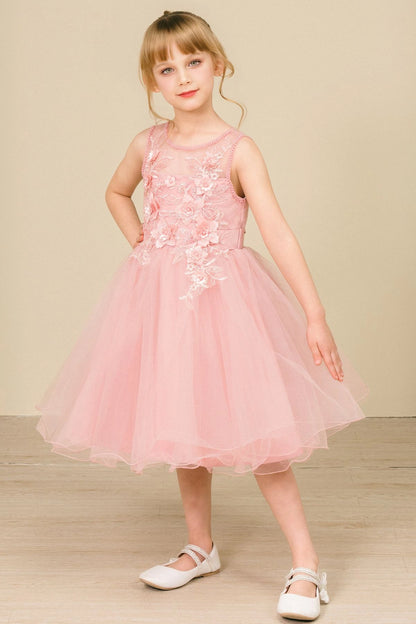 Featuring beaded neckline above the floral bodice on the Dusty Rose flower girl dress.