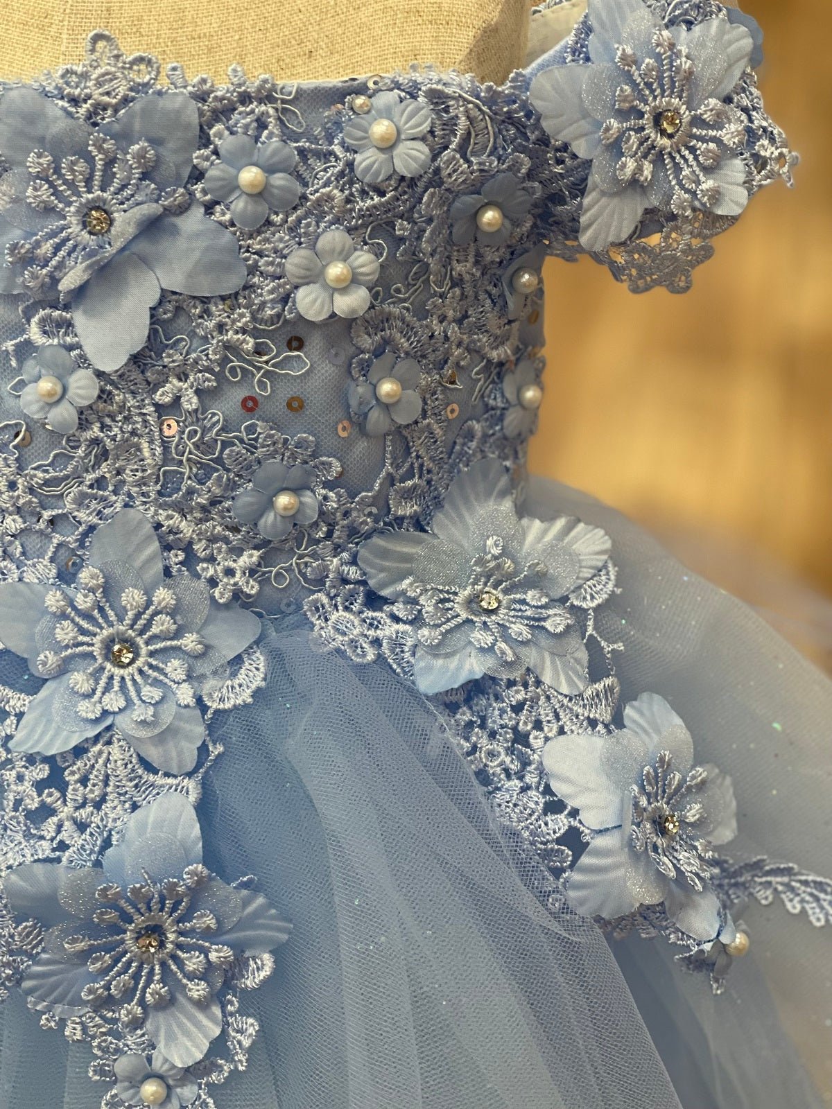 Close-up front view of sky blue flower girl dress showing floral applique and pearl detail.