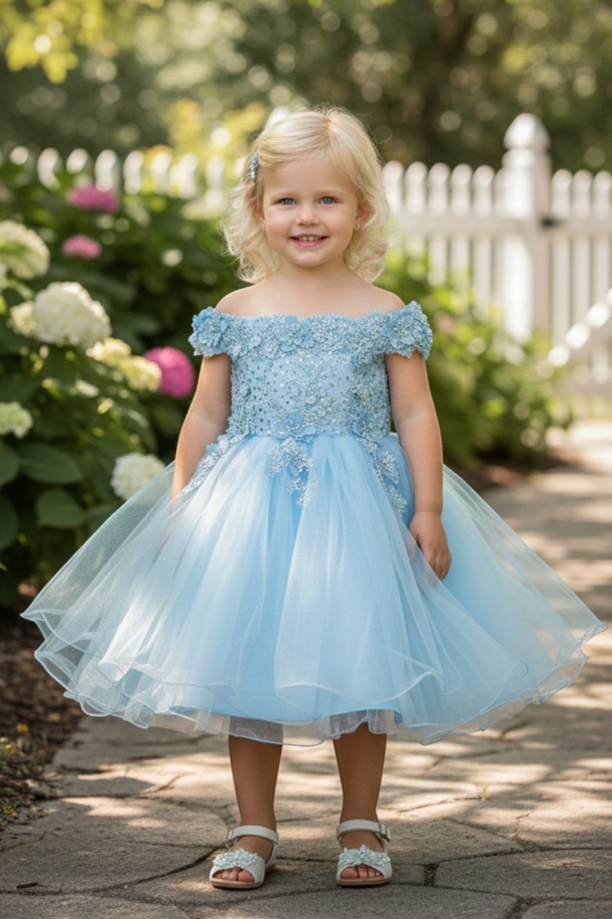 Sky Blue flower girl Dress Front View With Lace Bodice And Layered Tulle Skirt.