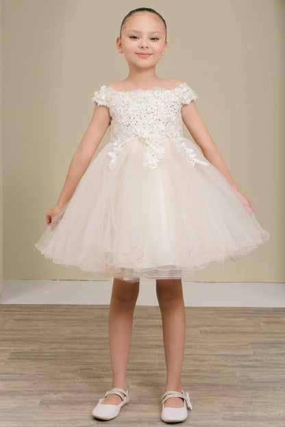 Shown in a front view, the Champagne flower girl dress has off-shoulder floral neckline and full glitter tulle skirt.