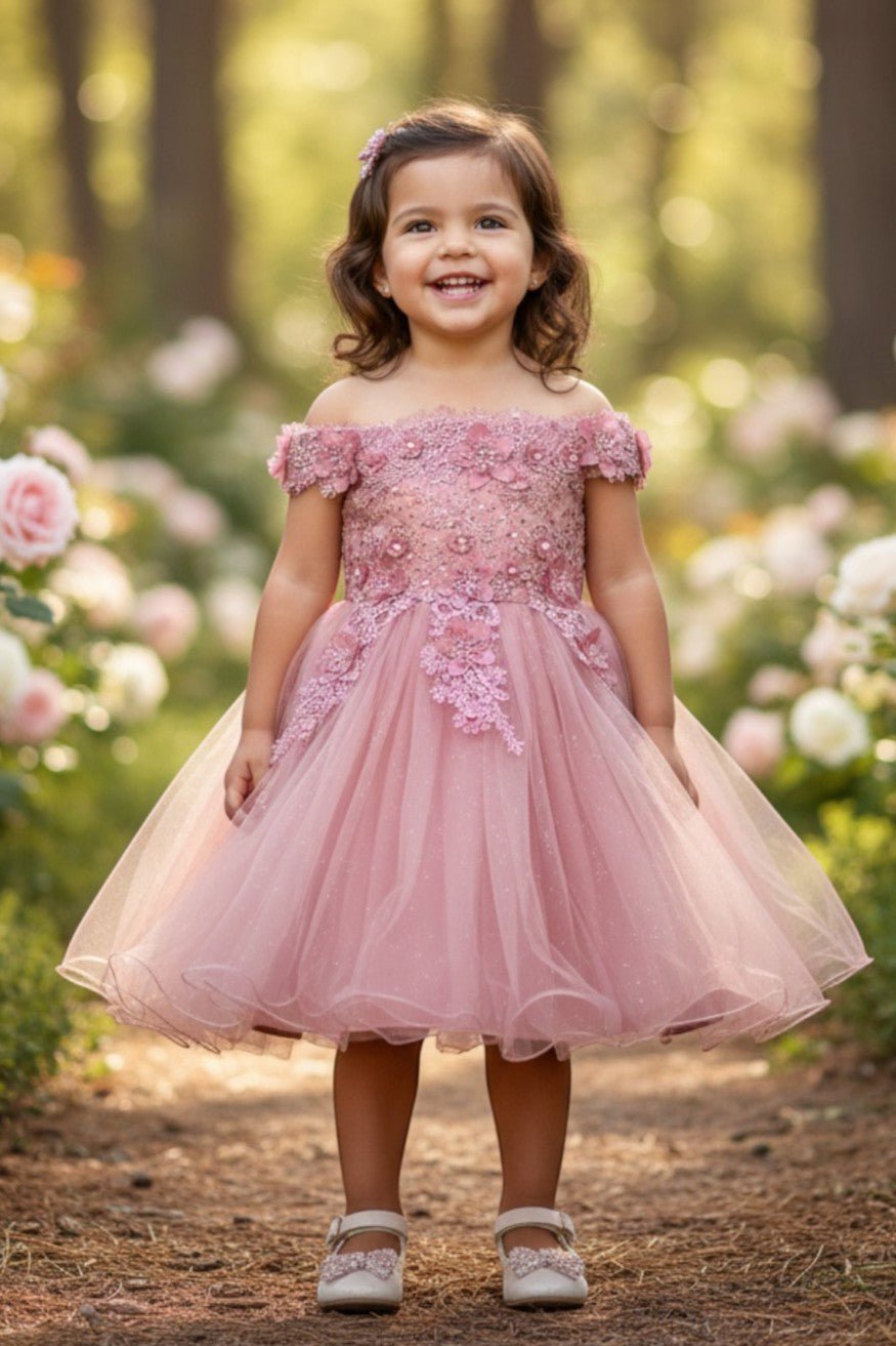 Dusty Rose flower girl Dress Front View With Lace Bodice And Layered Tulle Skirt.