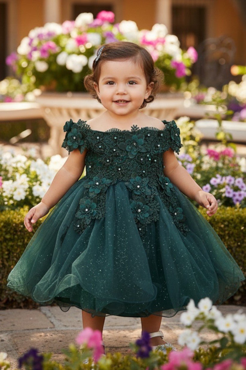 Hunter Green flower girl Dress Front View With Lace Bodice And Layered Tulle Skirt.