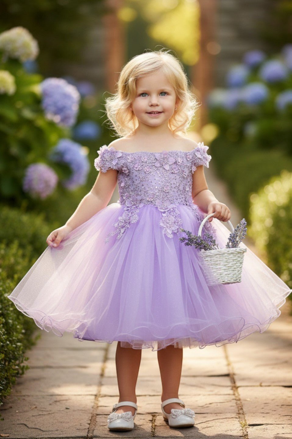 Lilac flower girl Dress Front View With Lace Bodice And Layered Tulle Skirt.