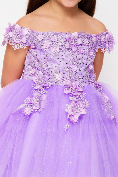 Lavender off-shoulder flower girl dress with floral embellishments.
