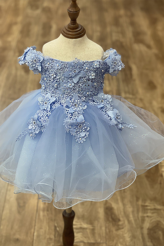 sky blue off-the-shoulder flower girl dress with 3D floral appliqué bodice, rhinestone embellishments, and glitter tulle layered skirt