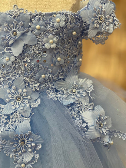 Close-up front view of sky blue dress showing floral applique and pearl detail
