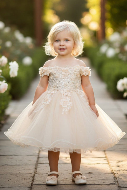 Kid Wearing Champagne Flower Girl Dress Front View With Off Shoulder Bodice And Layered Tulle Skirt
