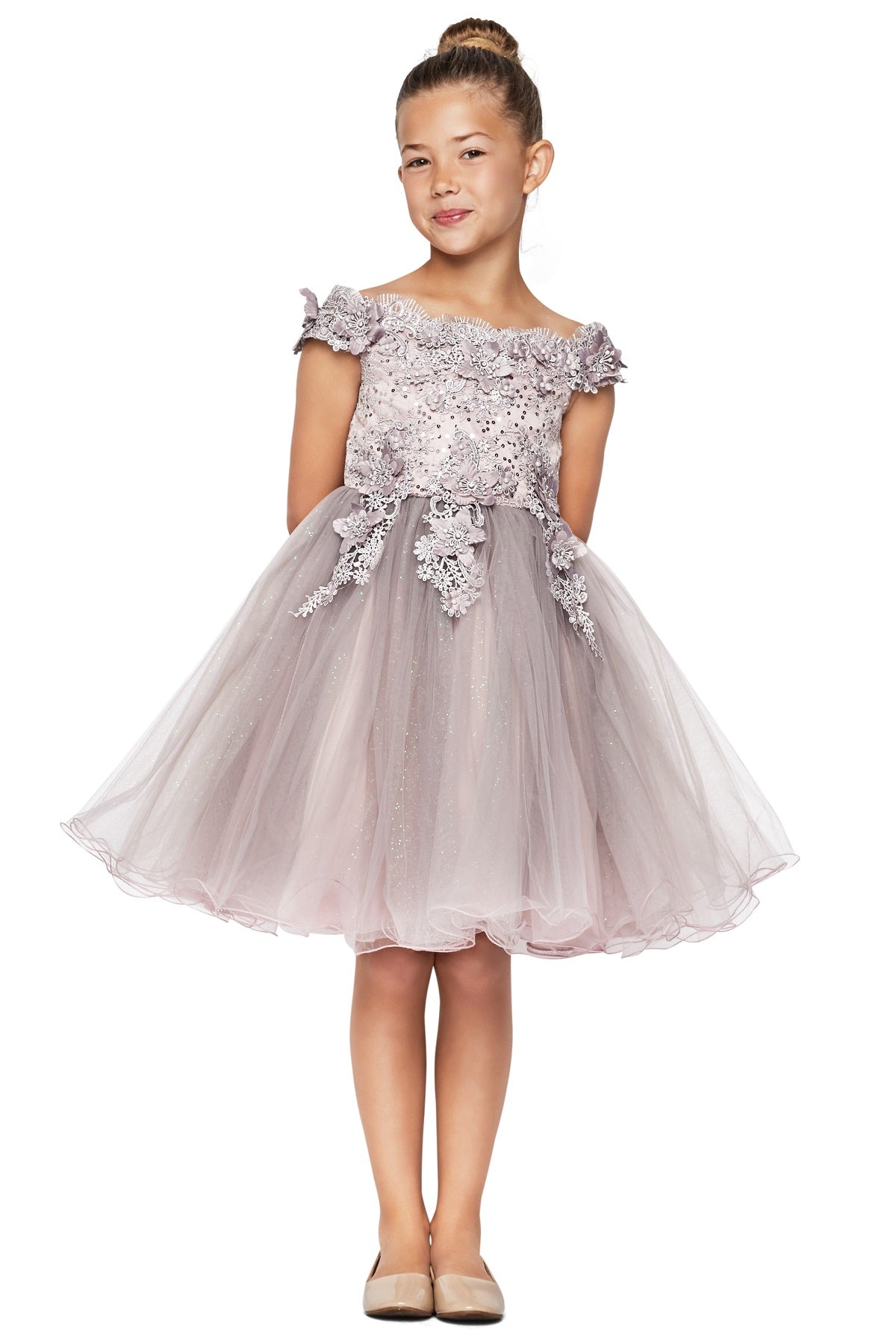 Mauve Off the shoulder Embedded 3D Floral & Rhinestones Sparkling Glitter Tulle Flower Girl Dress - front view of girl wearing dress smliing with hands behind her back