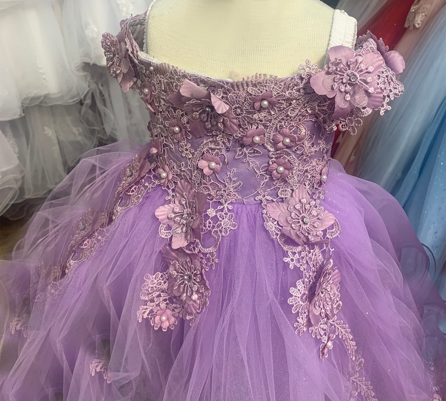 Lilac Off the shoulder Embedded 3D Floral & Rhinestones Sparkling Glitter Tulle Flower Girl Dress - zoomed in front view of dress showcasing flower and pearl pattern