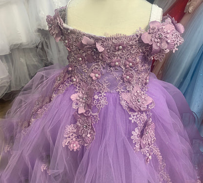 Lilac Off the shoulder Embedded 3D Floral & Rhinestones Sparkling Glitter Tulle Flower Girl Dress - zoomed in front view of dress showcasing flower and pearl pattern