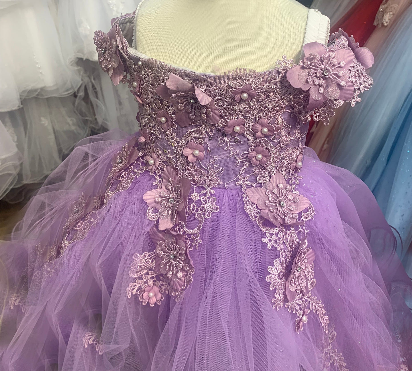 Lilac kid Embedded 3D Floral & Rhinestones Sparkling Glitter Tulle Flower Girl Dress