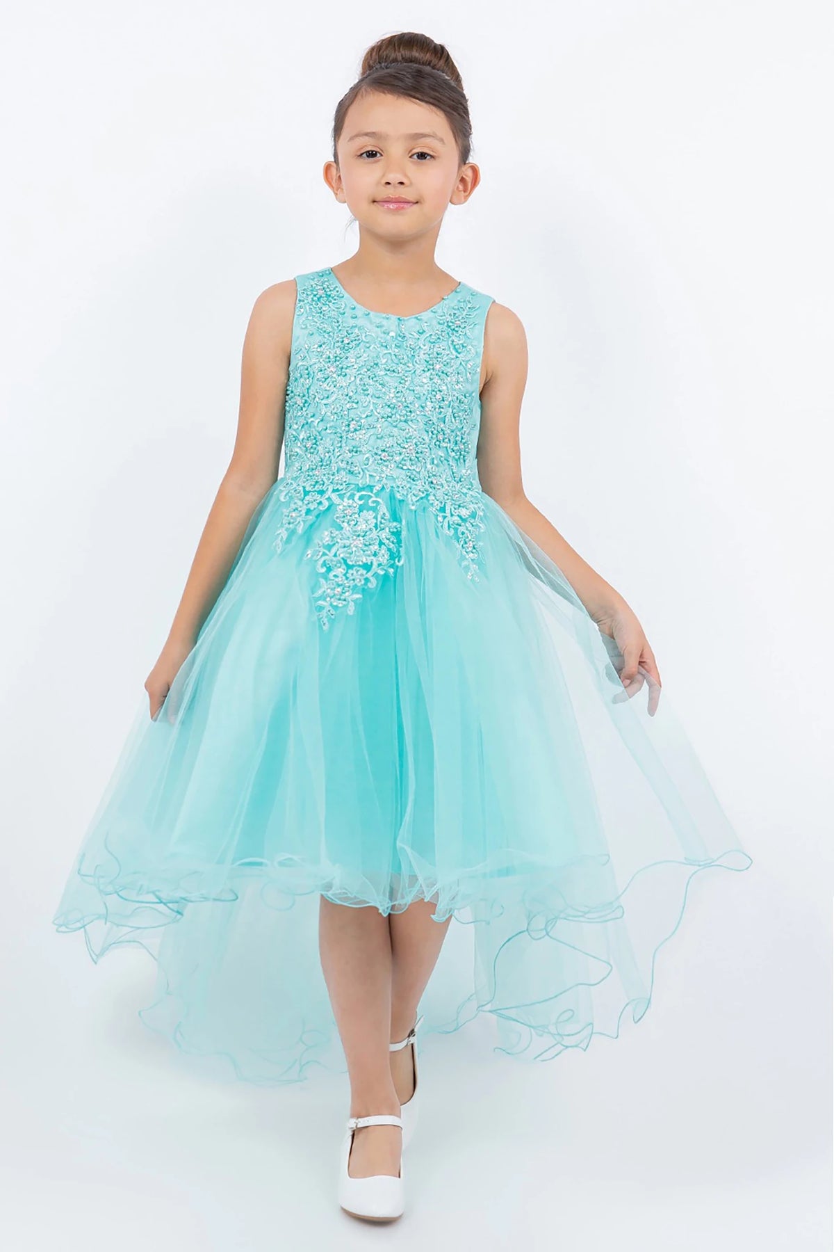 Front view of aqua blue sleeveless high-low tulle flower girl dress with lace bodice, pearl trim, rhinestone embellishments, and layered skirt.