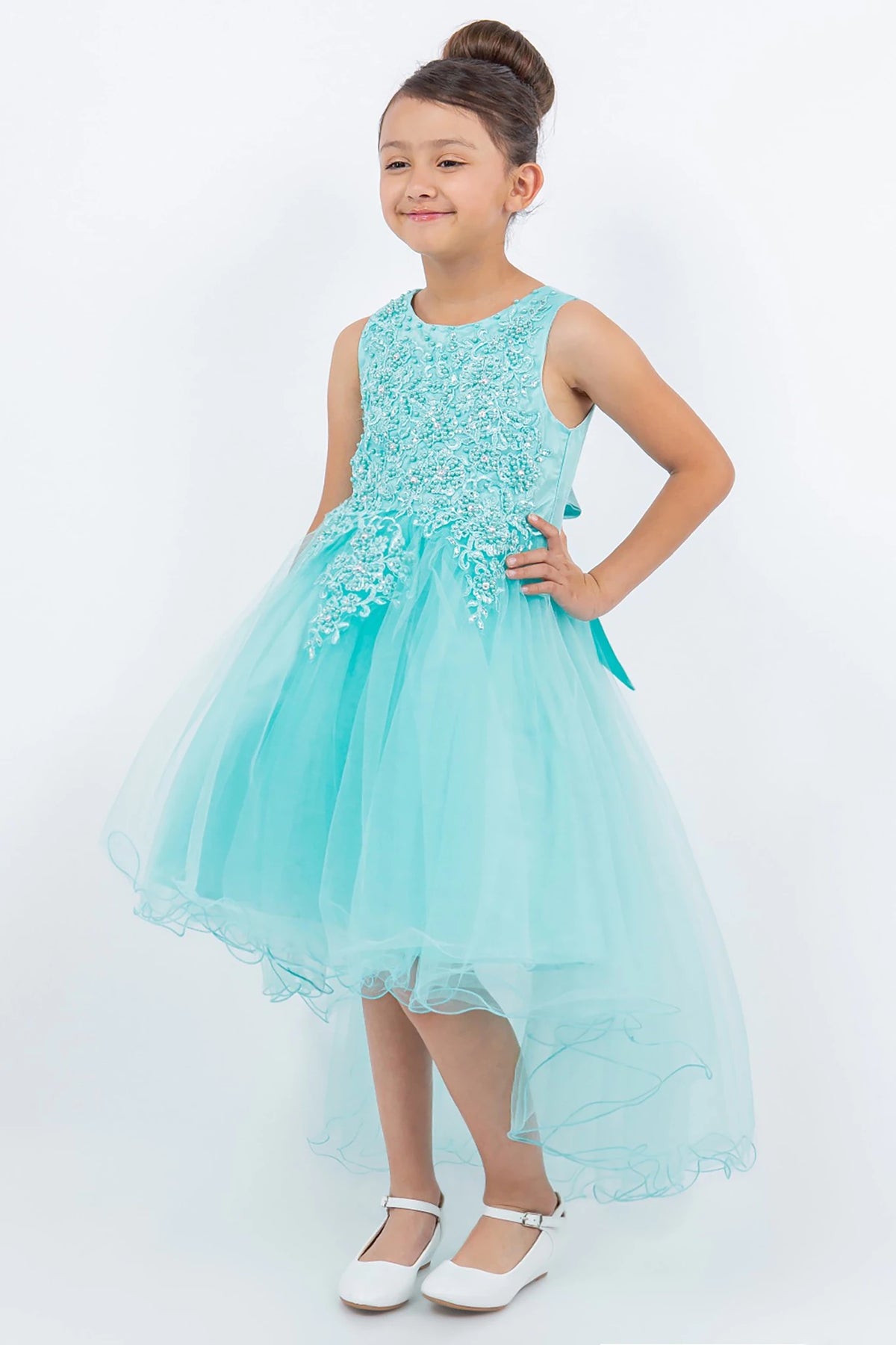 Front view of aqua blue sleeveless high-low tulle flower girl dress with lace bodice, pearl trim, rhinestone embellishments, and layered skirt.