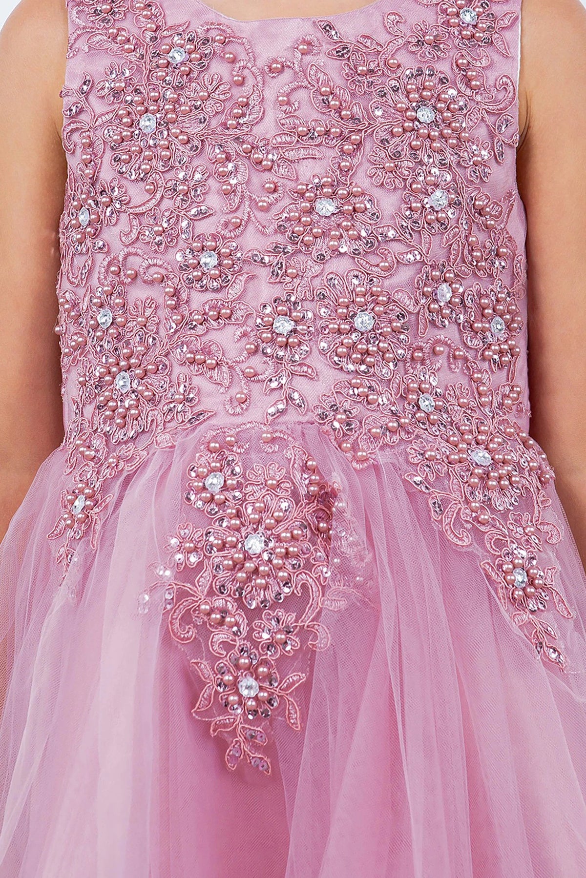 Close-up front-facing view of dusty rose sleeveless high-low tulle flower girl dress with lace bodice, pearl trim neckline, and rhinestone detailing.