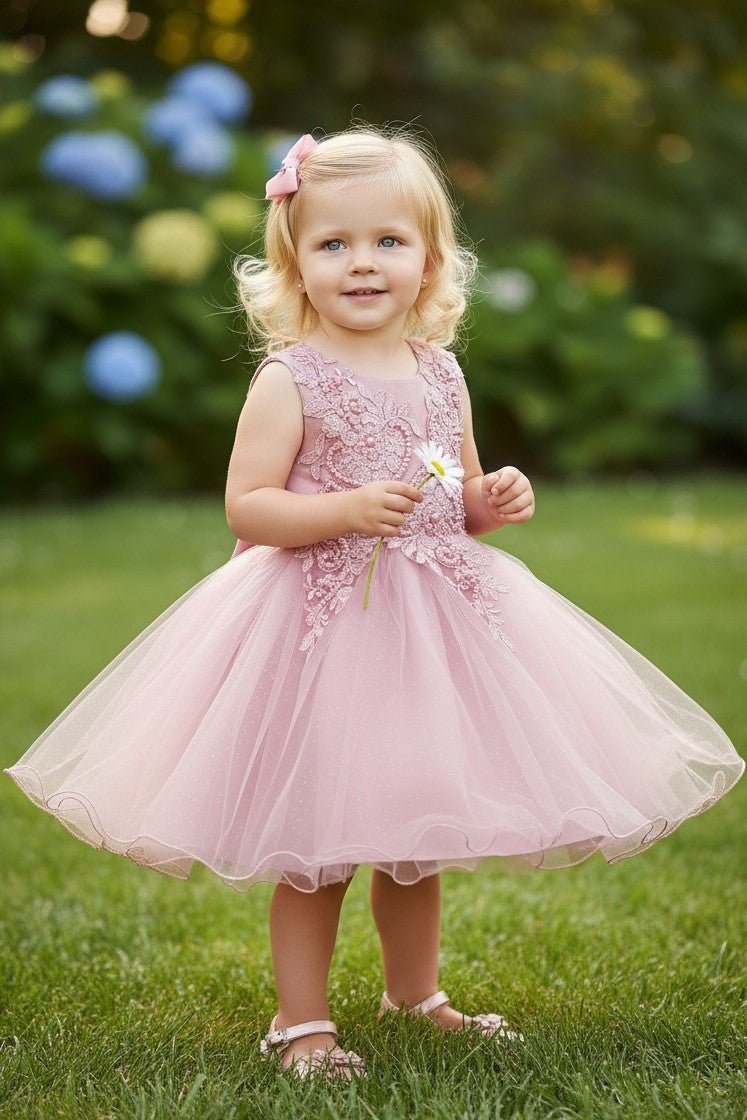 Dusty Rose flower girl Dress Front View With Lace Bodice And Layered Tulle Skirt.