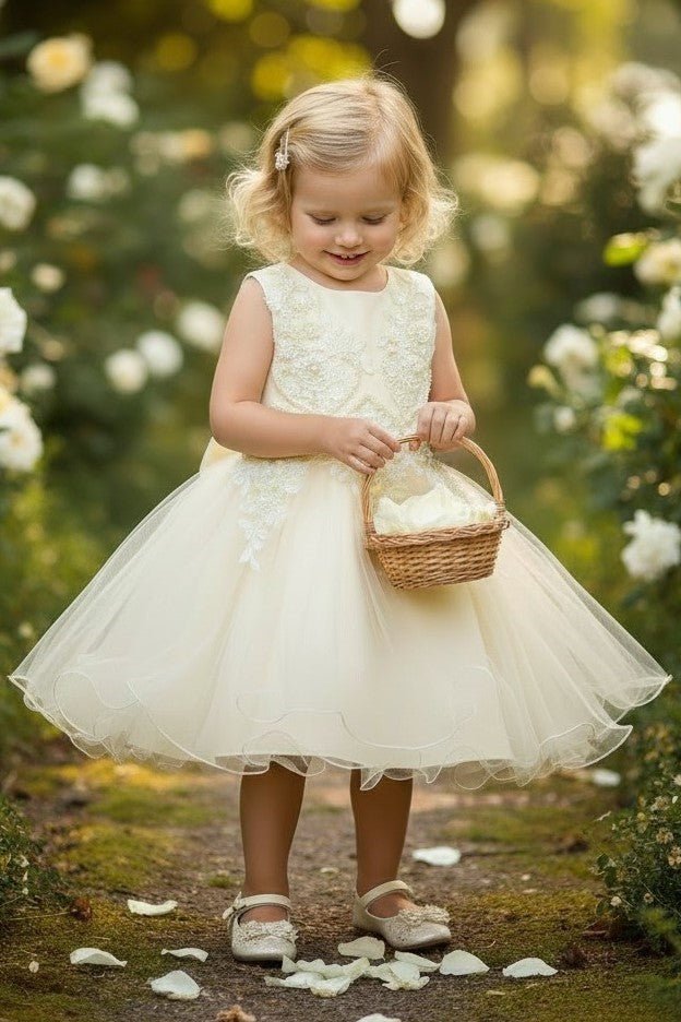White flower girl Dress Front View With Lace Bodice And Layered Tulle Skirt.