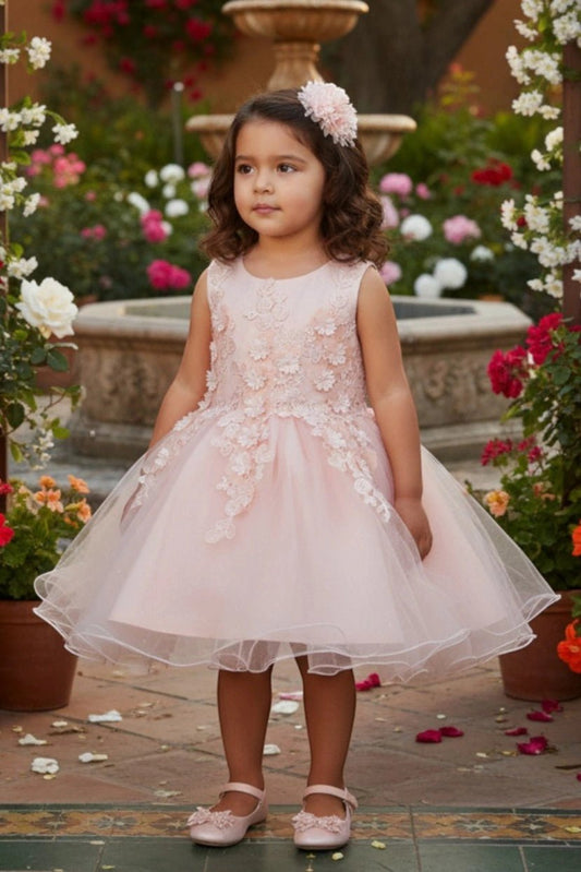 Shown in a front view, the Blush flower girl dress has sleeveless floral bodice and full tulle skirt with a wired hem.