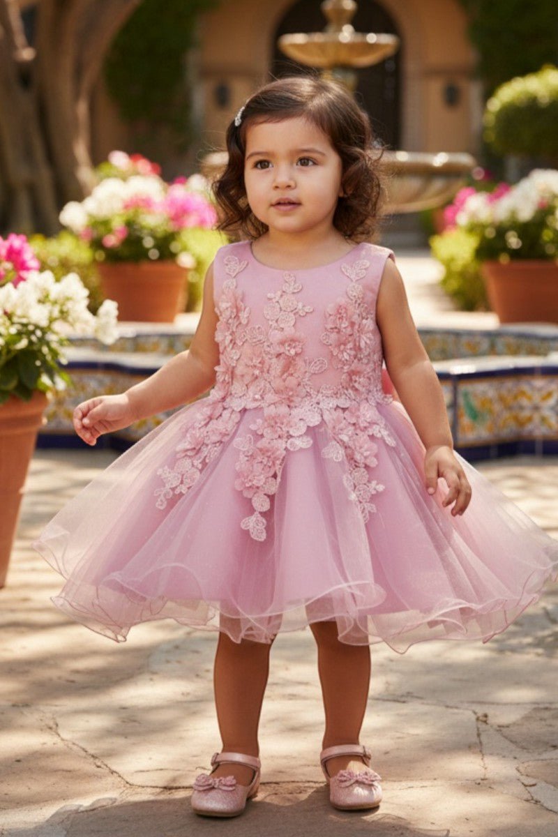 Rose flower girl Dress Front View With Lace Bodice And Layered Tulle Skirt.
