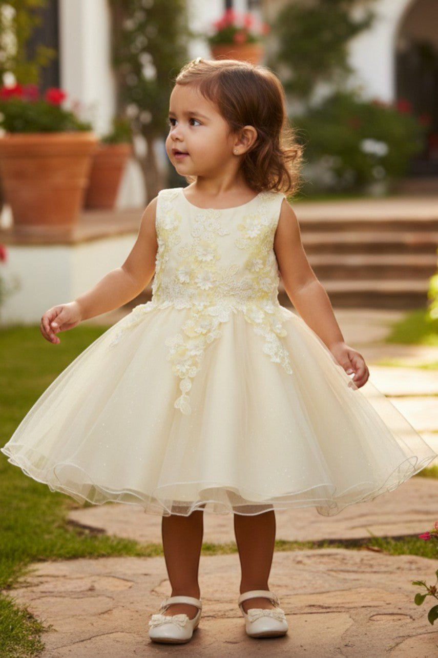 Ivory flower girl Dress Front View With Lace Bodice And Layered Tulle Skirt.