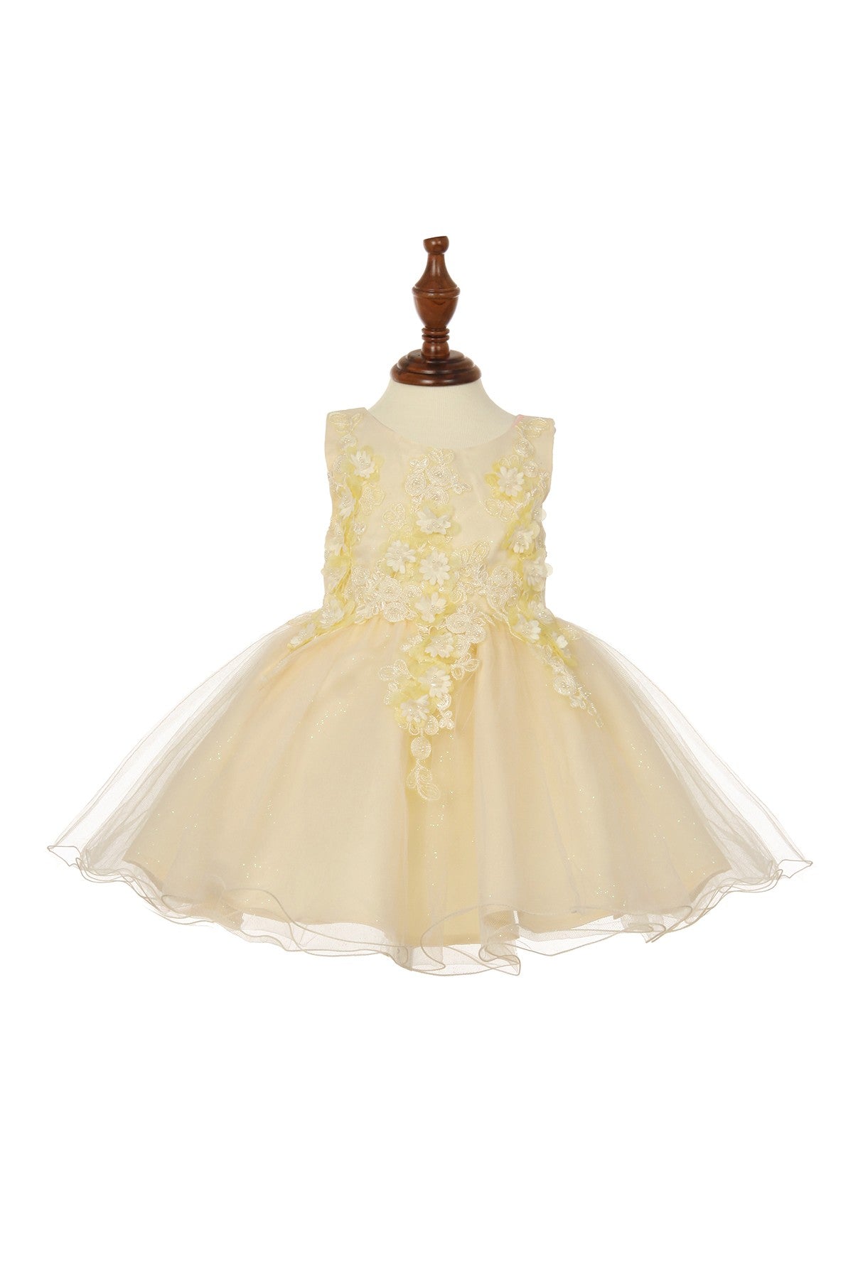 Ivory flower girl dress front view with lace bodice and layered tulle skirt.