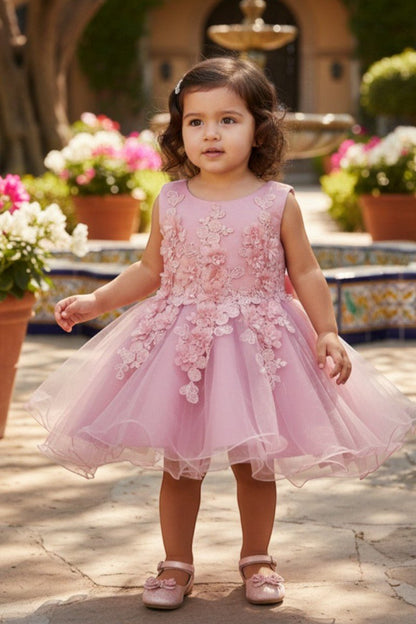 Kid Wearing Rose Flower Girl Dress Front View With Lace Bodice And Layered Tulle Skirt
