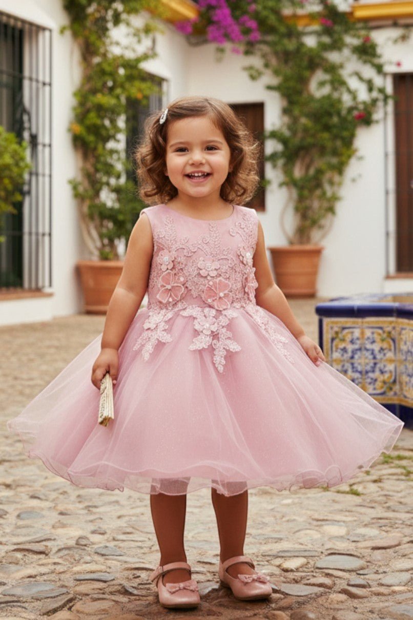 Rose flower girl Dress Front View With Cap Sleeves And Layered Tulle Skirt.