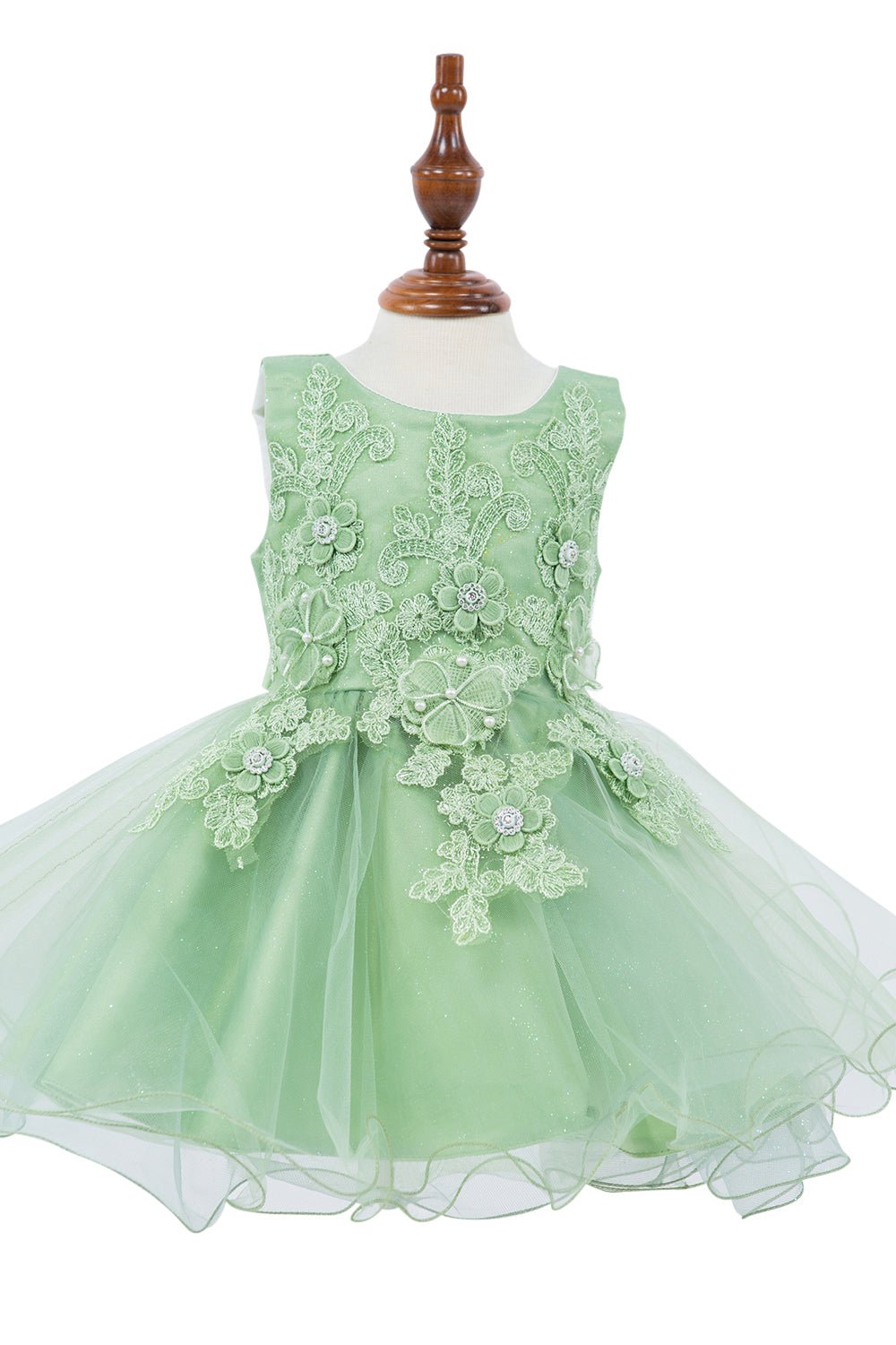 Sage flower girl dress front view with cap sleeves and layered tulle skirt.