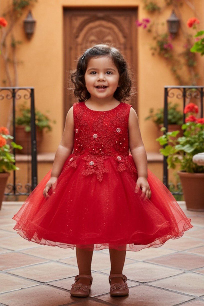 Red flower girl Dress Front View With Cap Sleeves And Layered Tulle Skirt.