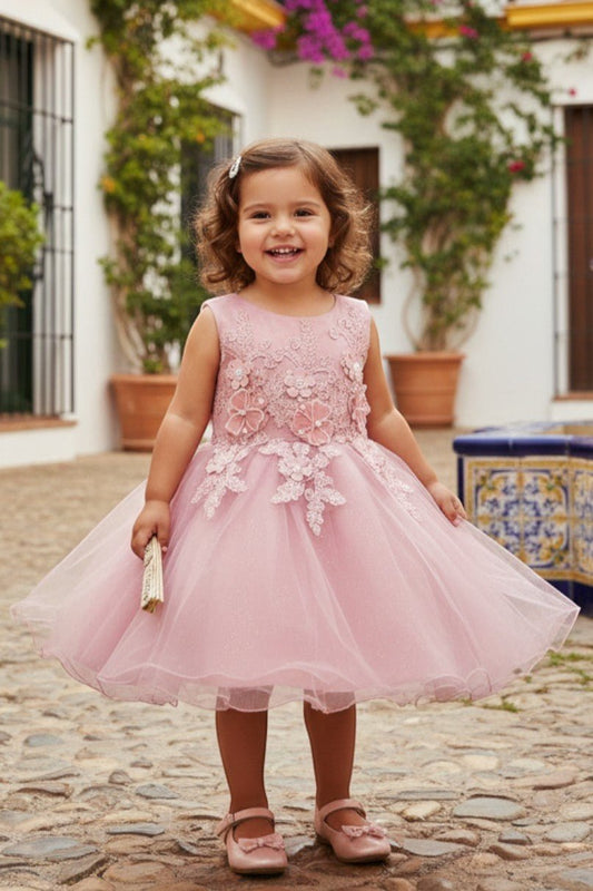 Kid Wearing Rose Flower Girl Dress Front View With Cap Sleeves And Layered Tulle Skirt