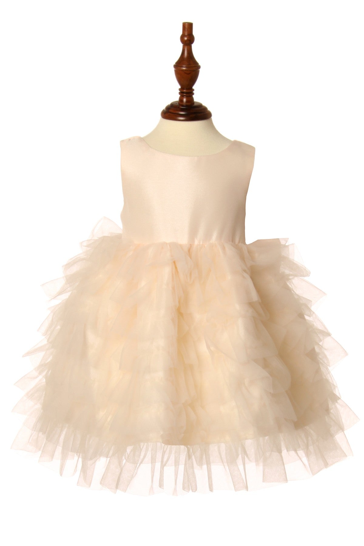 Champagne flower girl dress front view with cap sleeves and layered tulle skirt.