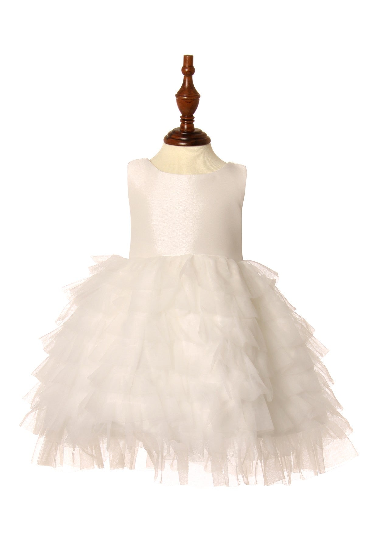 White flower girl Dress Front View With Cap Sleeves And Layered Tulle Skirt.