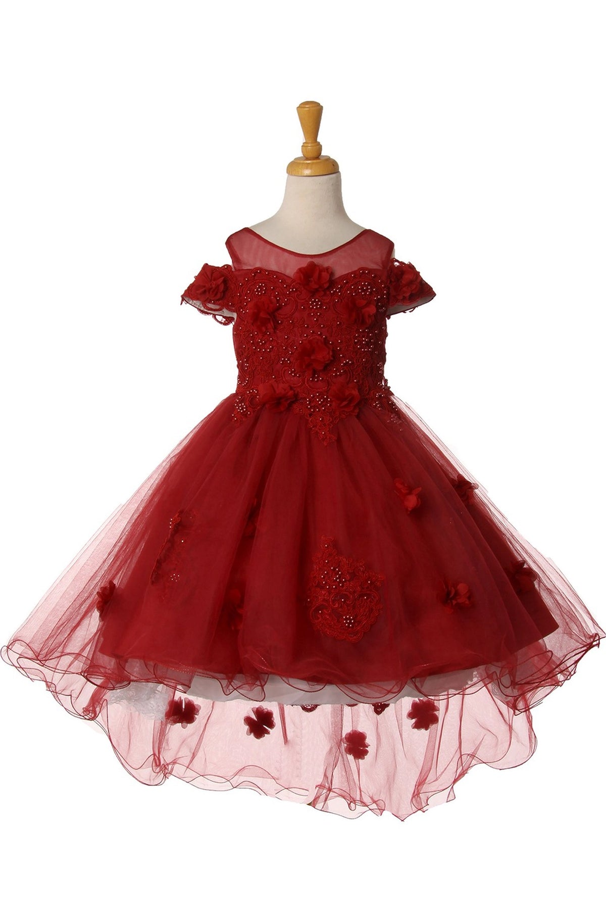 Showcasing with dimensional flowers across the bodice, this Burgundy kids party dress displays elegant detail.