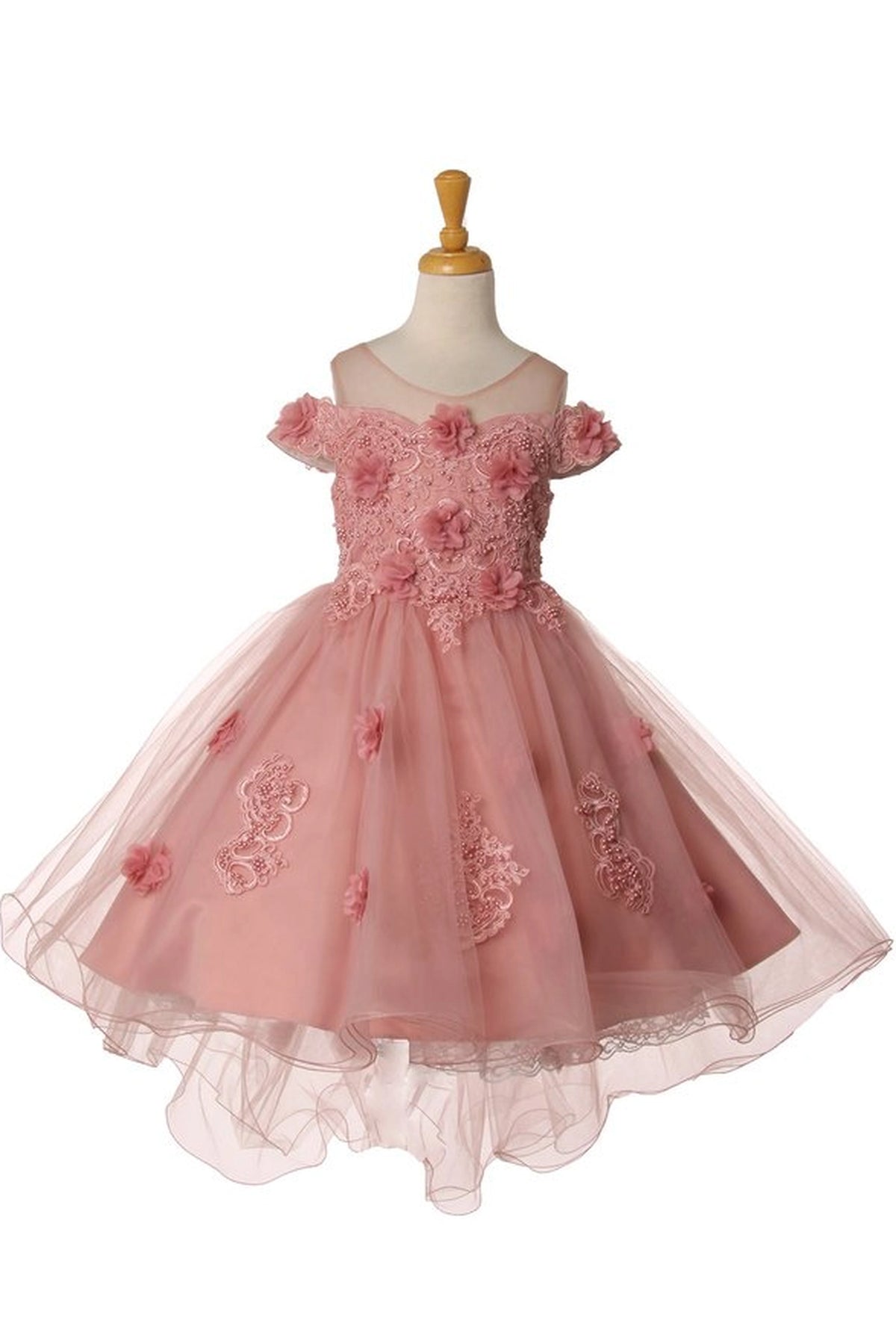 Showcasing with dimensional flowers across the bodice, this Dusty Rose kids party dress displays elegant detail.