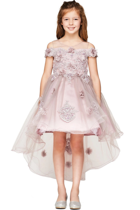 Detailed by dimensional flowers across the bodice, the Mauve kids party dress reveals its construction.