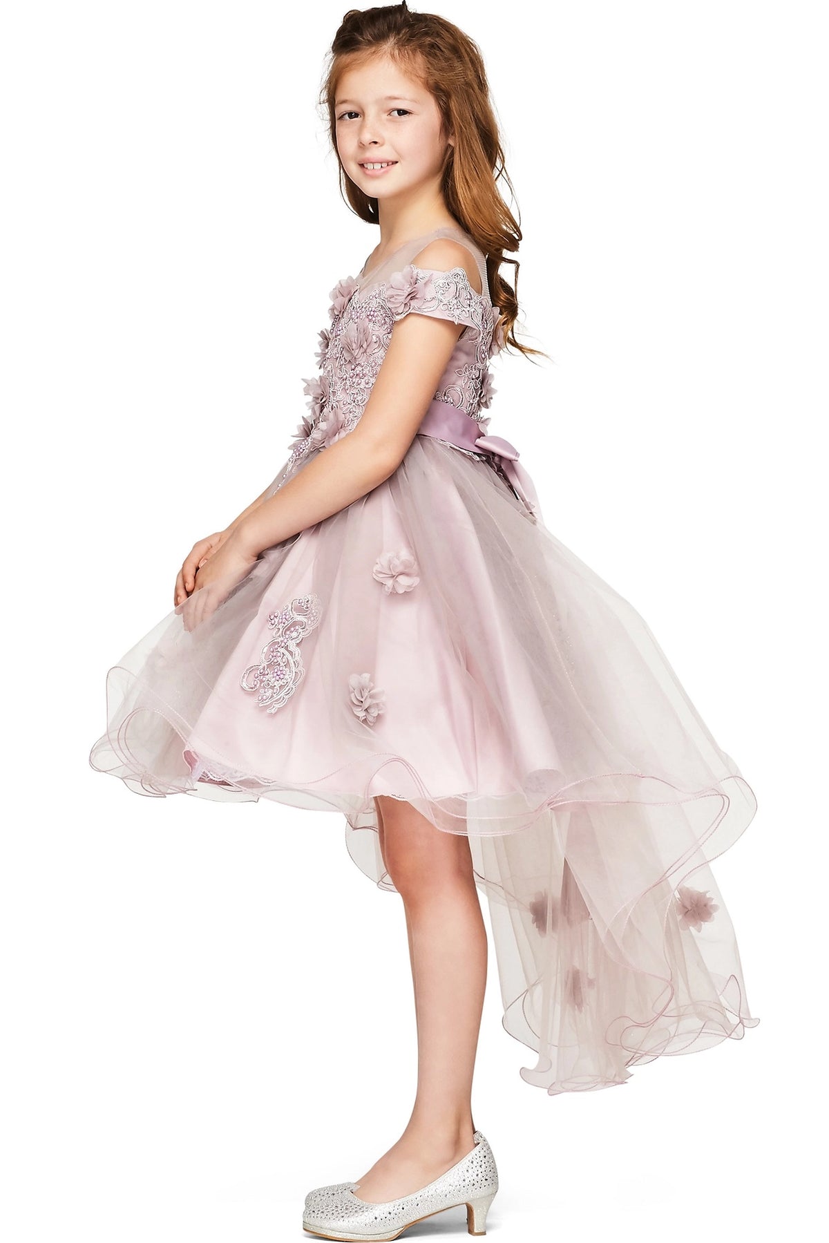 Accented a flower-trimmed high-low hem adds character to this Mauve kids party dress.