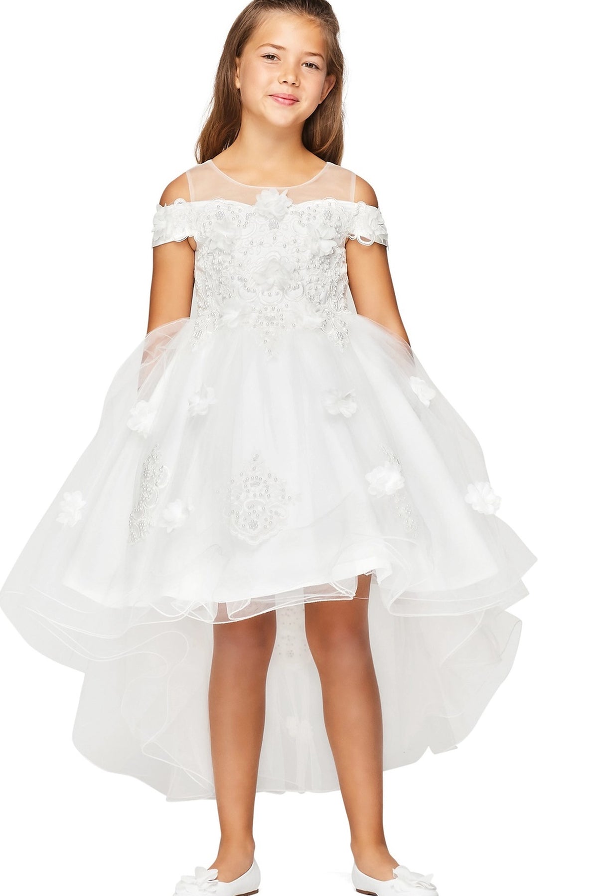 Showcasing with dimensional flowers across the bodice, this White kids party dress displays elegant detail.