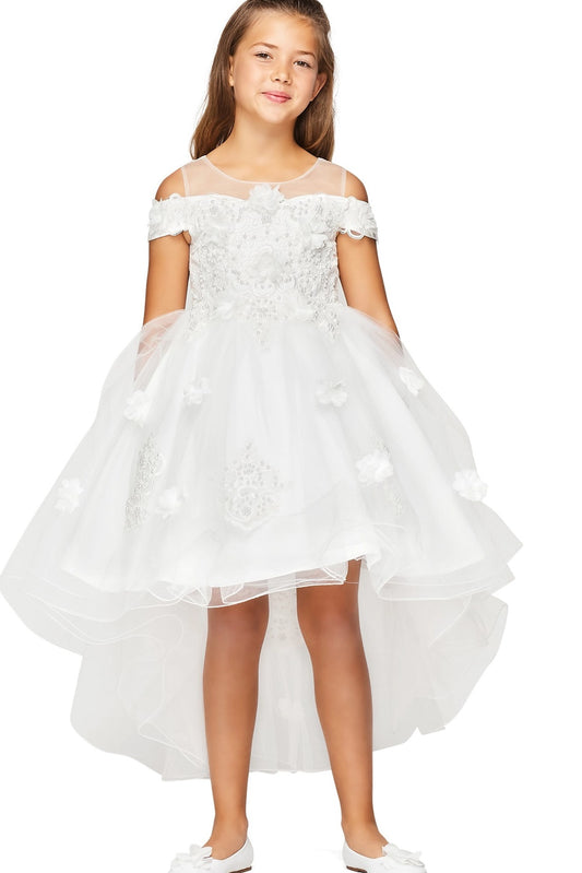 Showcasing with dimensional flowers across the bodice, this White kids party dress displays elegant detail.