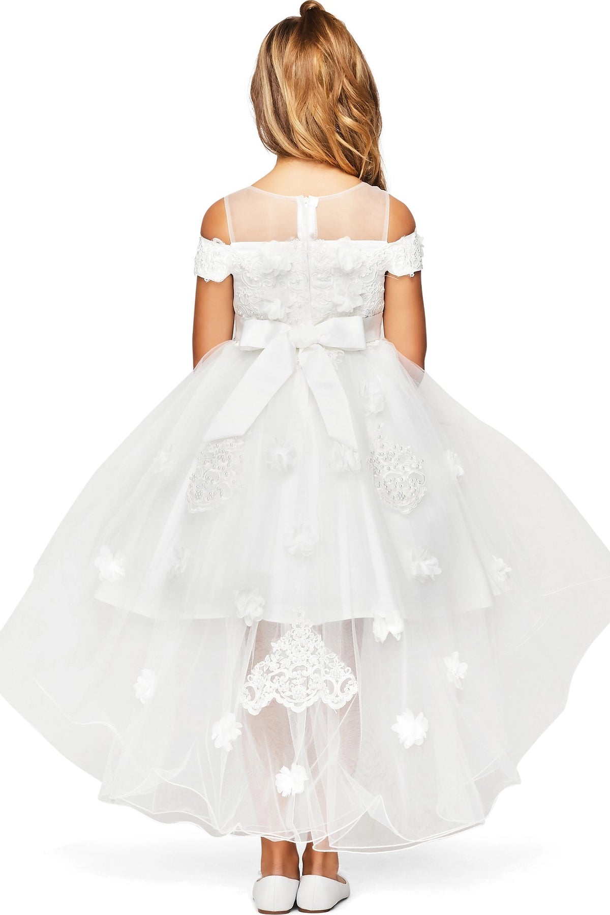 Finished details of a flower-trimmed high-low hem distinguish the White kids party dress.