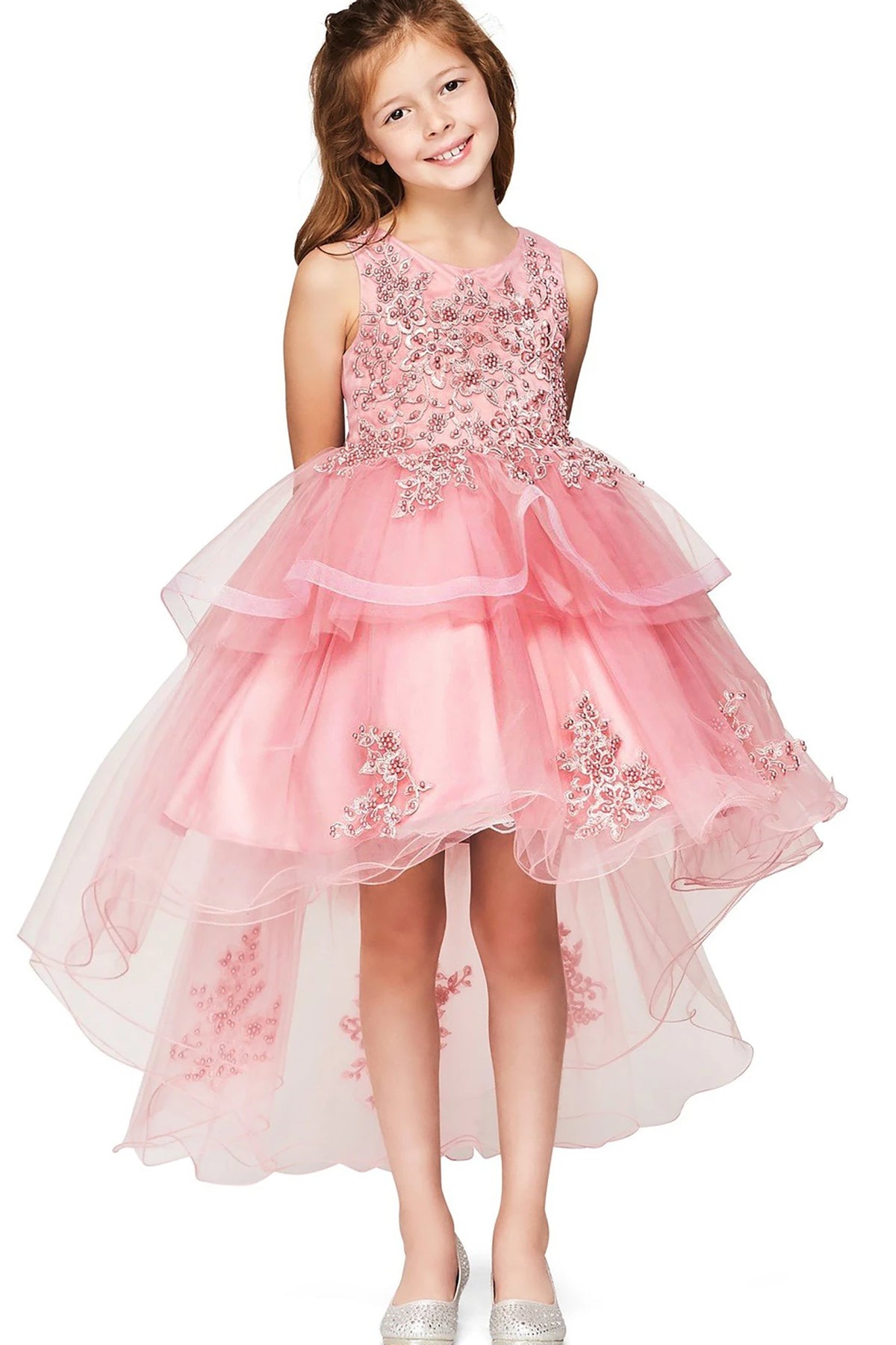 A Dusty Rose floral flower girl dress.