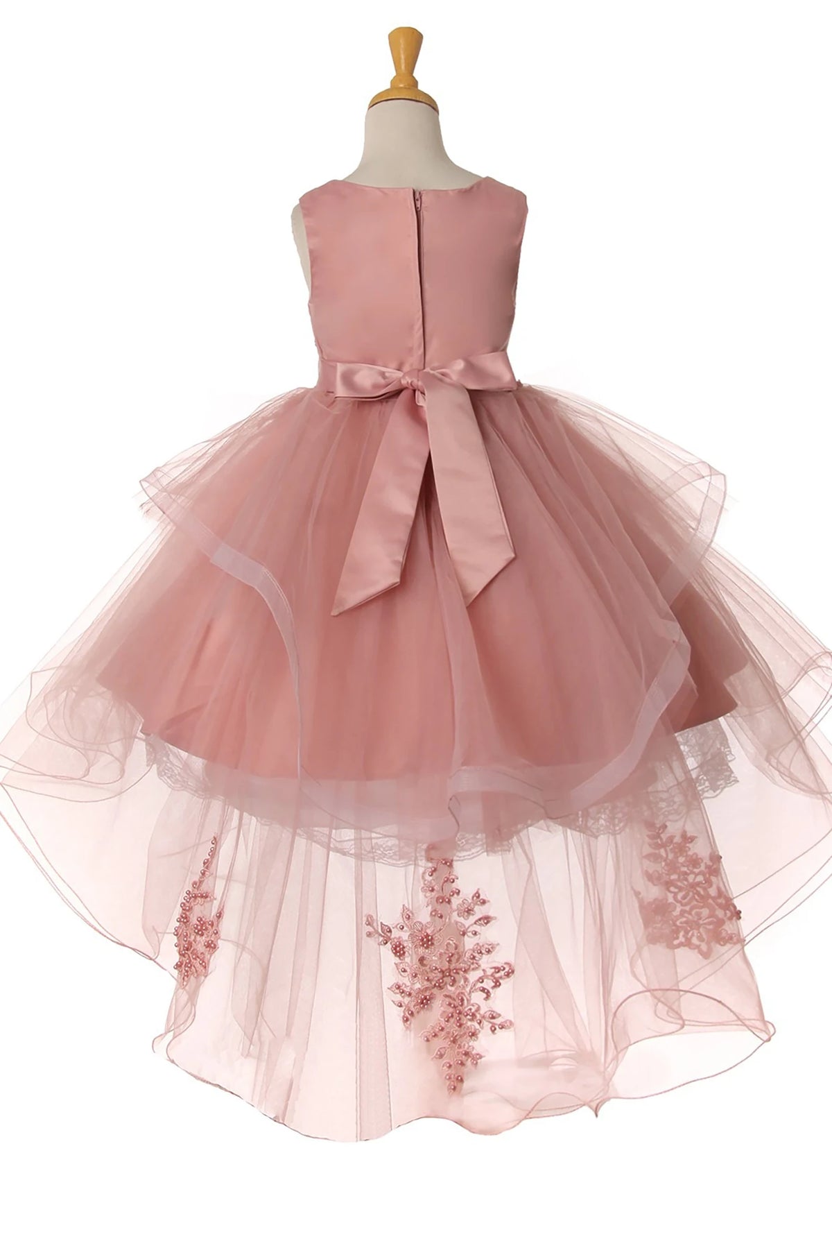 Dusty Rose flower girl dress with a bow.