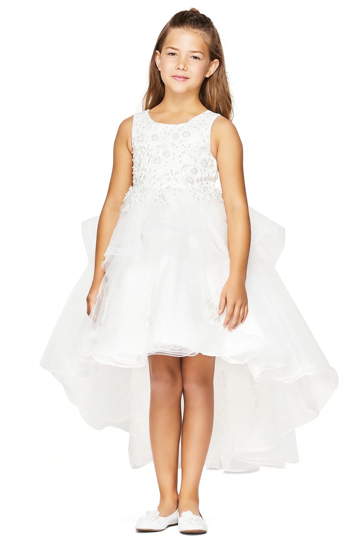 A white floral flower girl dress.