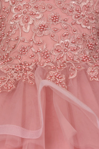 Dusty Rose 9 Layer skirt dress | Elegant hand-crafted Lace Appliques with Sequin Pearl Beads Dress - zoomed in detailed view of dress