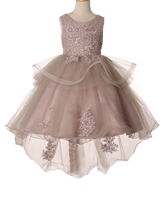 Mauve 9 Layer skirt dress | Elegant hand-crafted Lace Appliques with Sequin Pearl Beads Dress - front of dress view