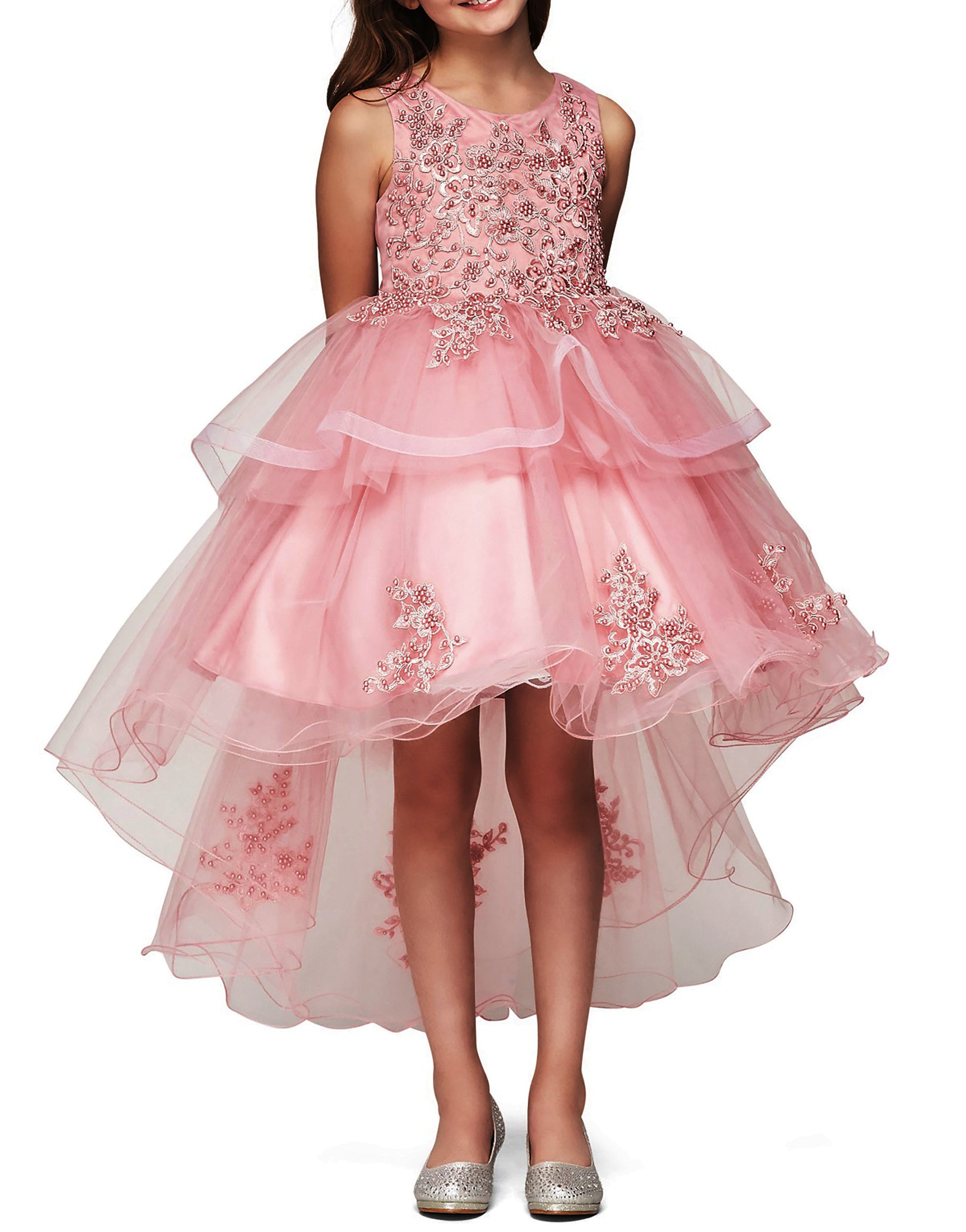 Dusty Rose 9 Layer skirt dress | Elegant hand-crafted Lace Appliques with Sequin Pearl Beads Dress - front of dress view